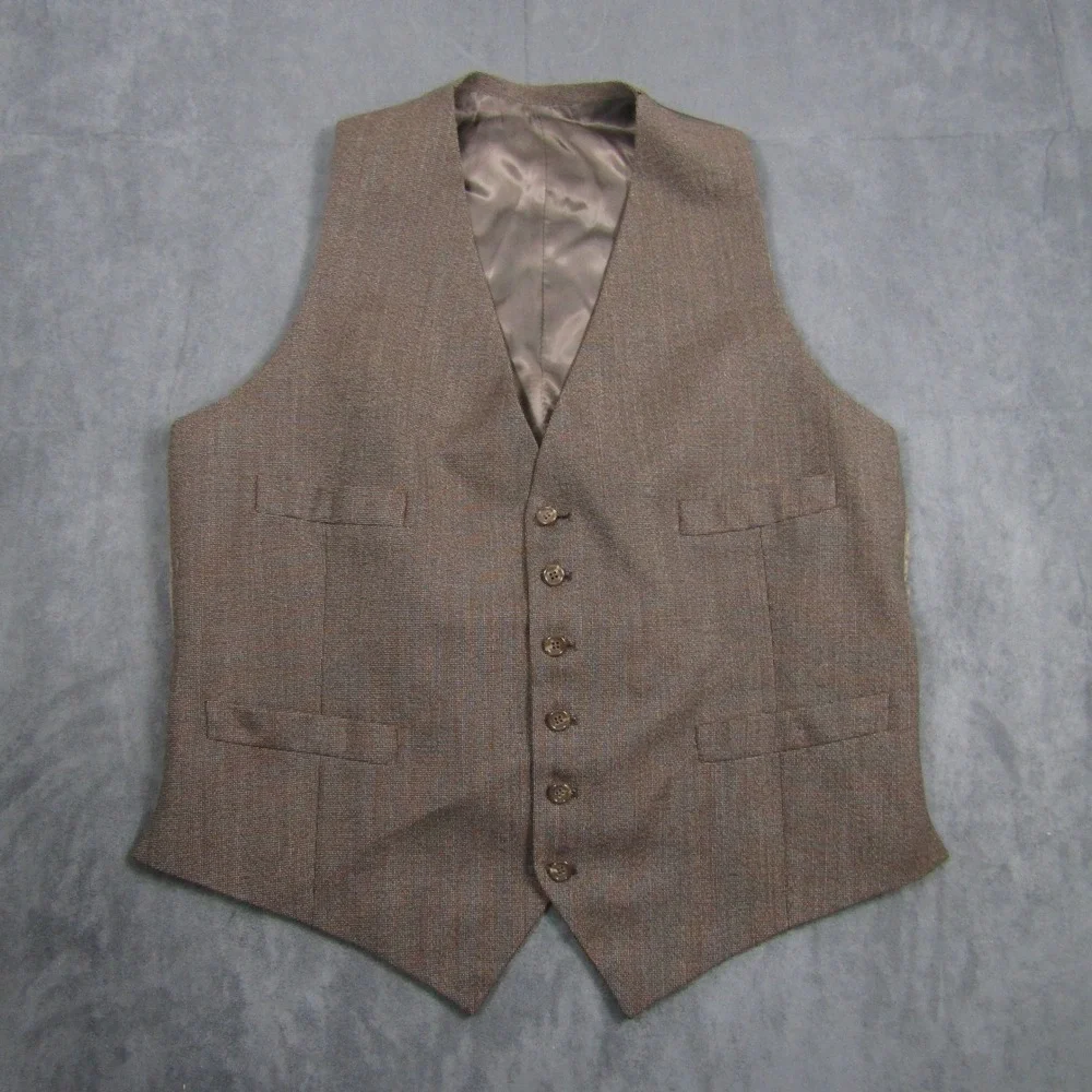 Suit Vest Men 47 Brown Micro Pattern Formal Cinch Back Waistcoat Wedding